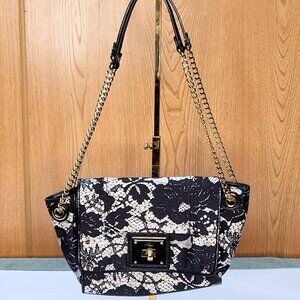 Milly Black/White Lace Print Canvas Shoulder Bag with Leather Trim Chain Strap